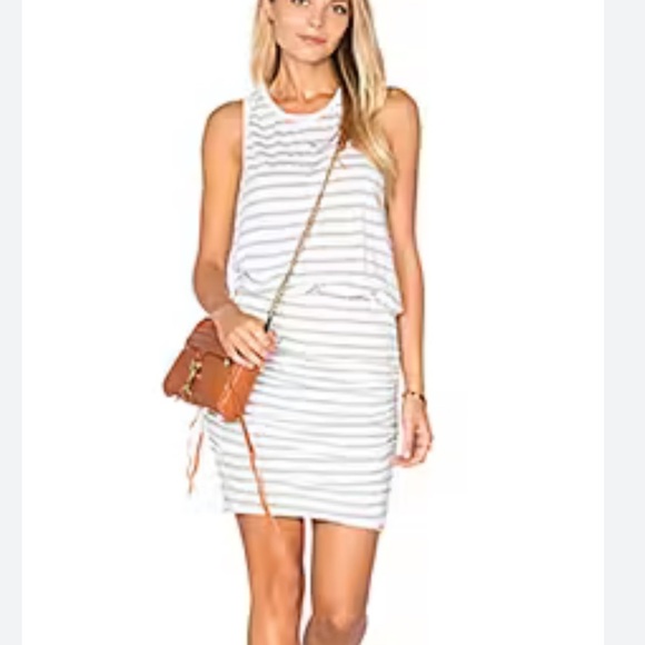 SUNDRY Olive Green Striped Scoop Neck Fitted Ruched Mini Dress Size Small - Picture 6 of 6